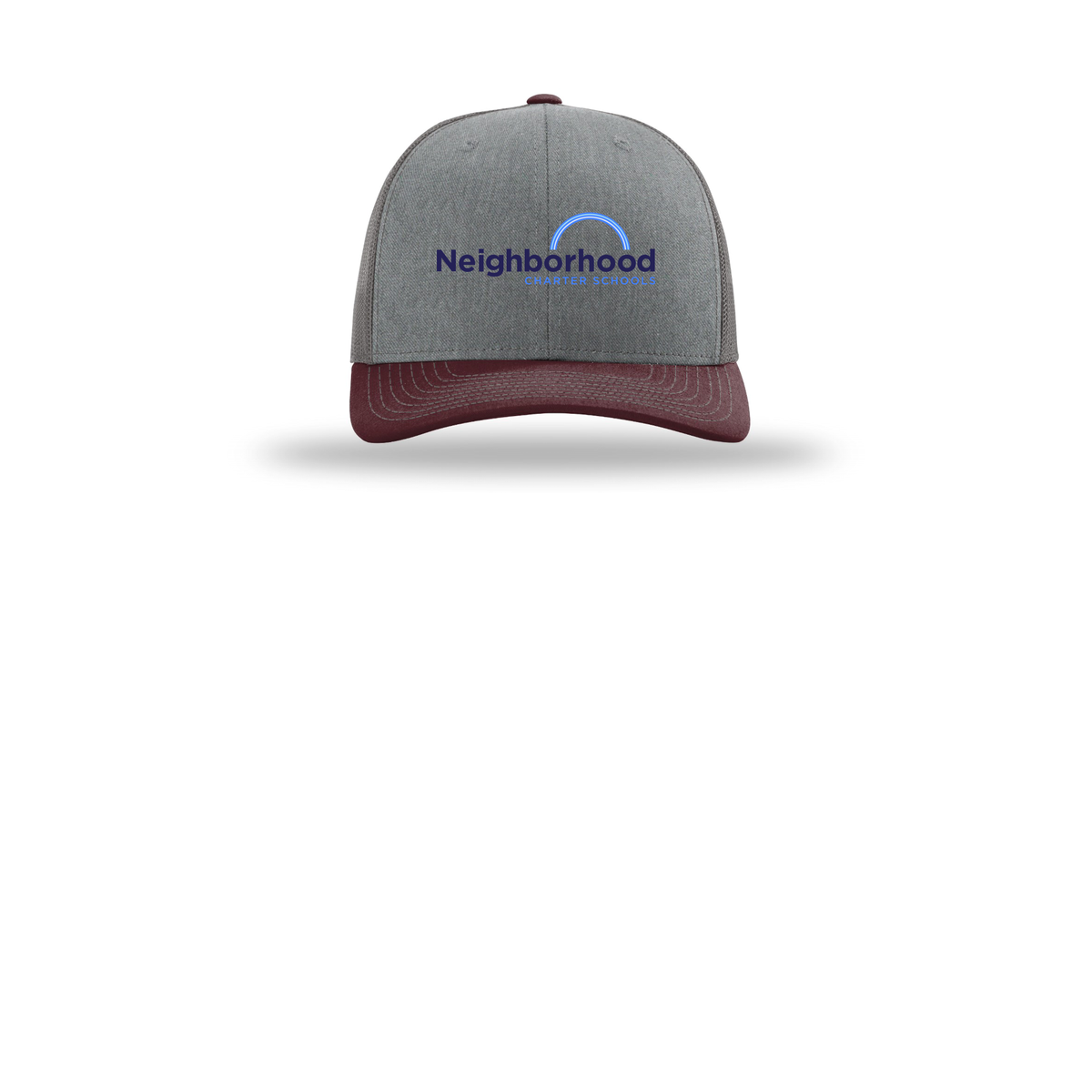 ncschools-richardson-trucker-cap-embroidery-capfront-R112-heathergreycharcoalmaroon-flat-front