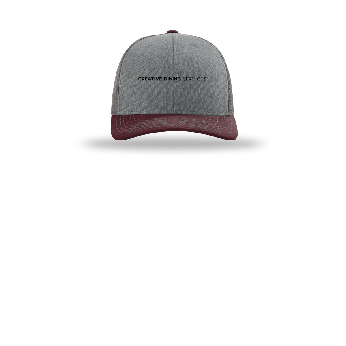 creativedining-richardson-trucker-cap-embroidery-capfront-R112-heathergreycharcoalmaroon-flat-front