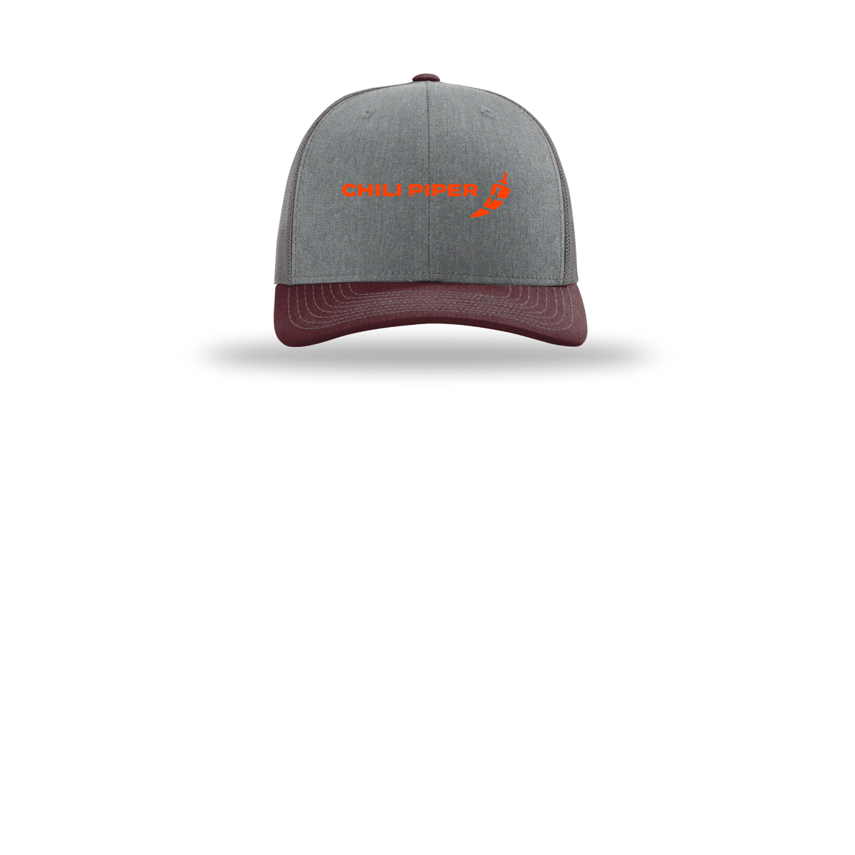 chilipiper-richardson-trucker-cap-embroidery-capfront-R112-heathergreycharcoalmaroon-flat-front