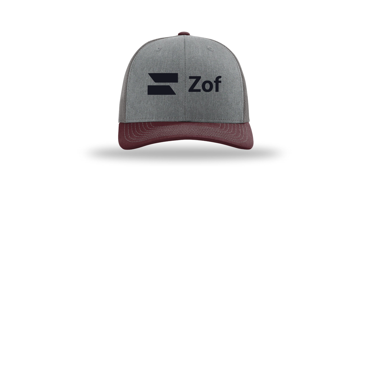 zof-richardson-trucker-cap-embroidery-capfront-R112-heathergreycharcoalmaroon-flat-front