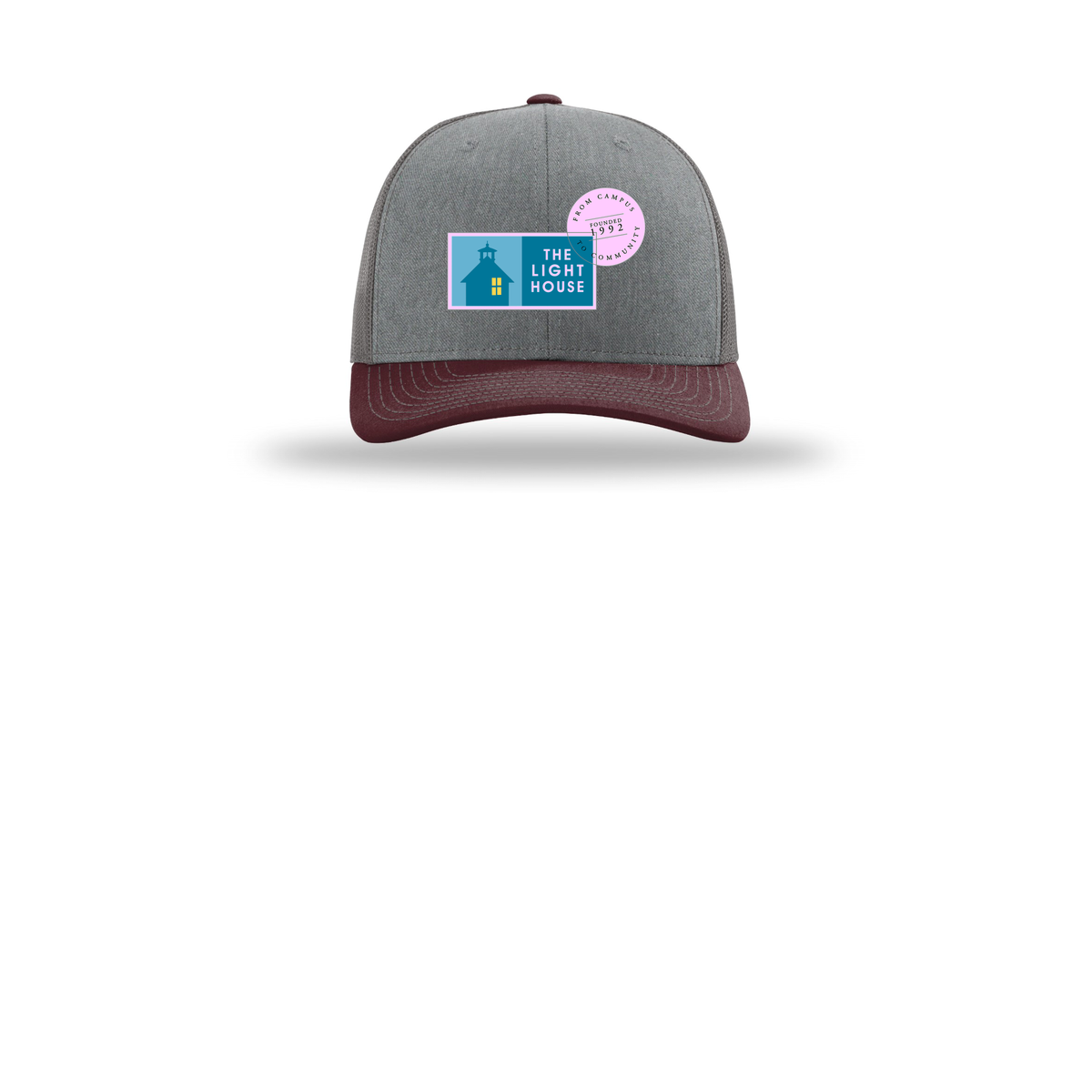 lhcampus-richardson-trucker-cap-embroidery-capfront-R112-heathergreycharcoalmaroon-flat-front