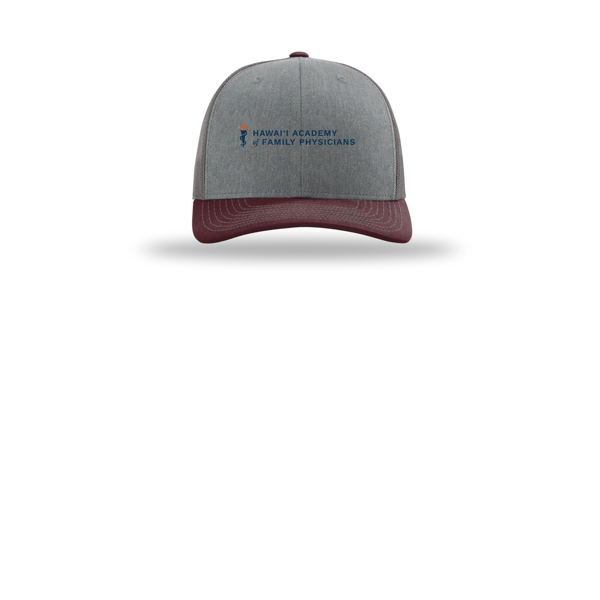 hafp-richardson-trucker-cap-embroidery-capfront-R112-heathergreycharcoalmaroon-flat-front
