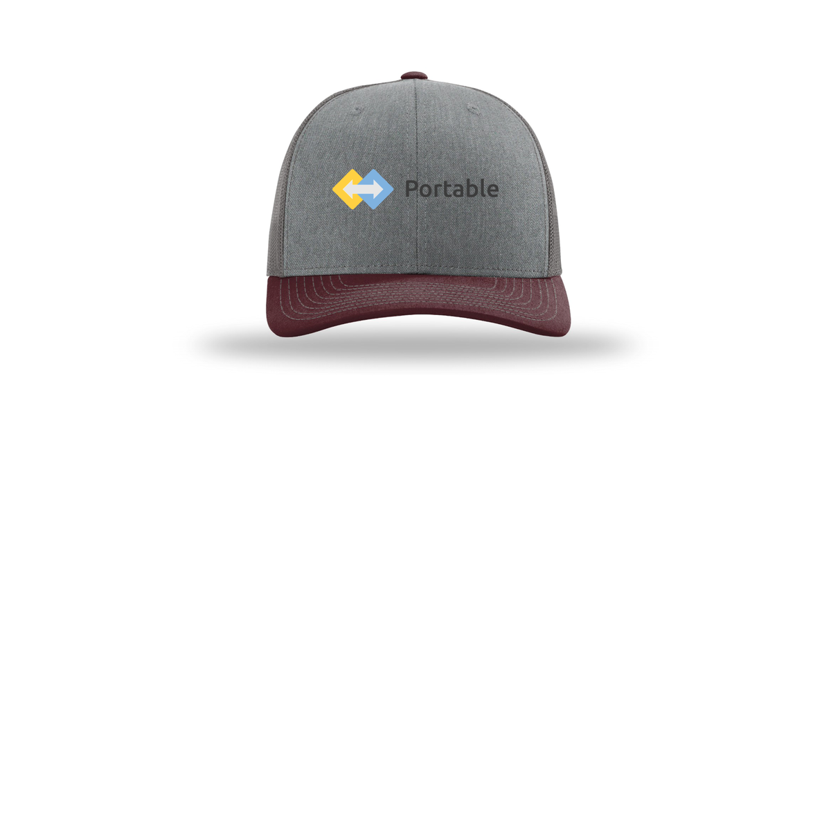 portable-richardson-trucker-cap-embroidery-capfront-R112-heathergreycharcoalmaroon-flat-front