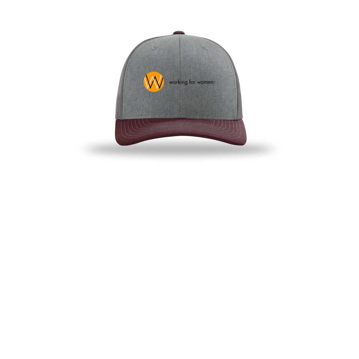 workingforwomen-richardson-trucker-cap-embroidery-capfront-R112-heathergreycharcoalmaroon-flat-front