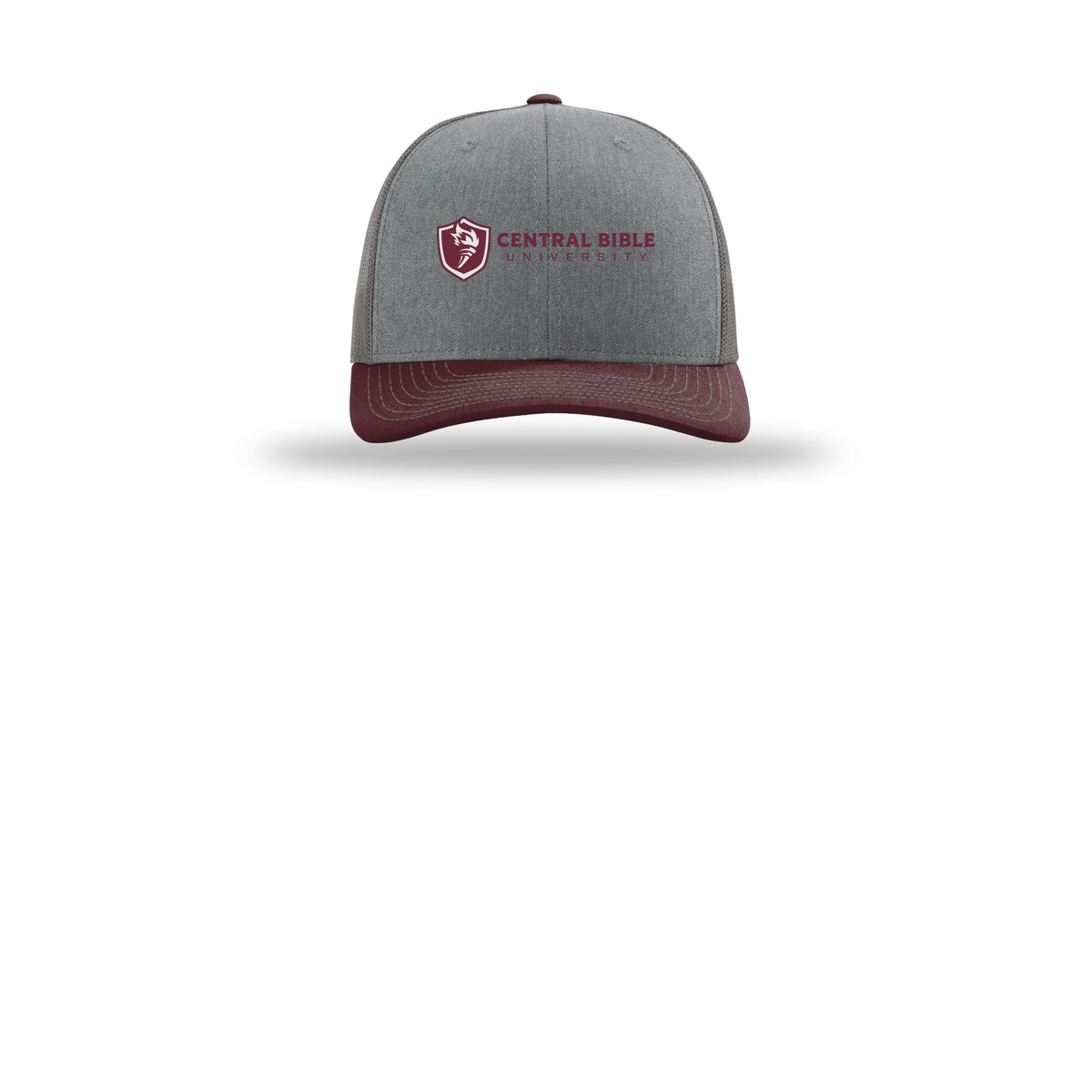 centralbible-richardson-trucker-cap-embroidery-capfront-R112-heathergreycharcoalmaroon-flat-front