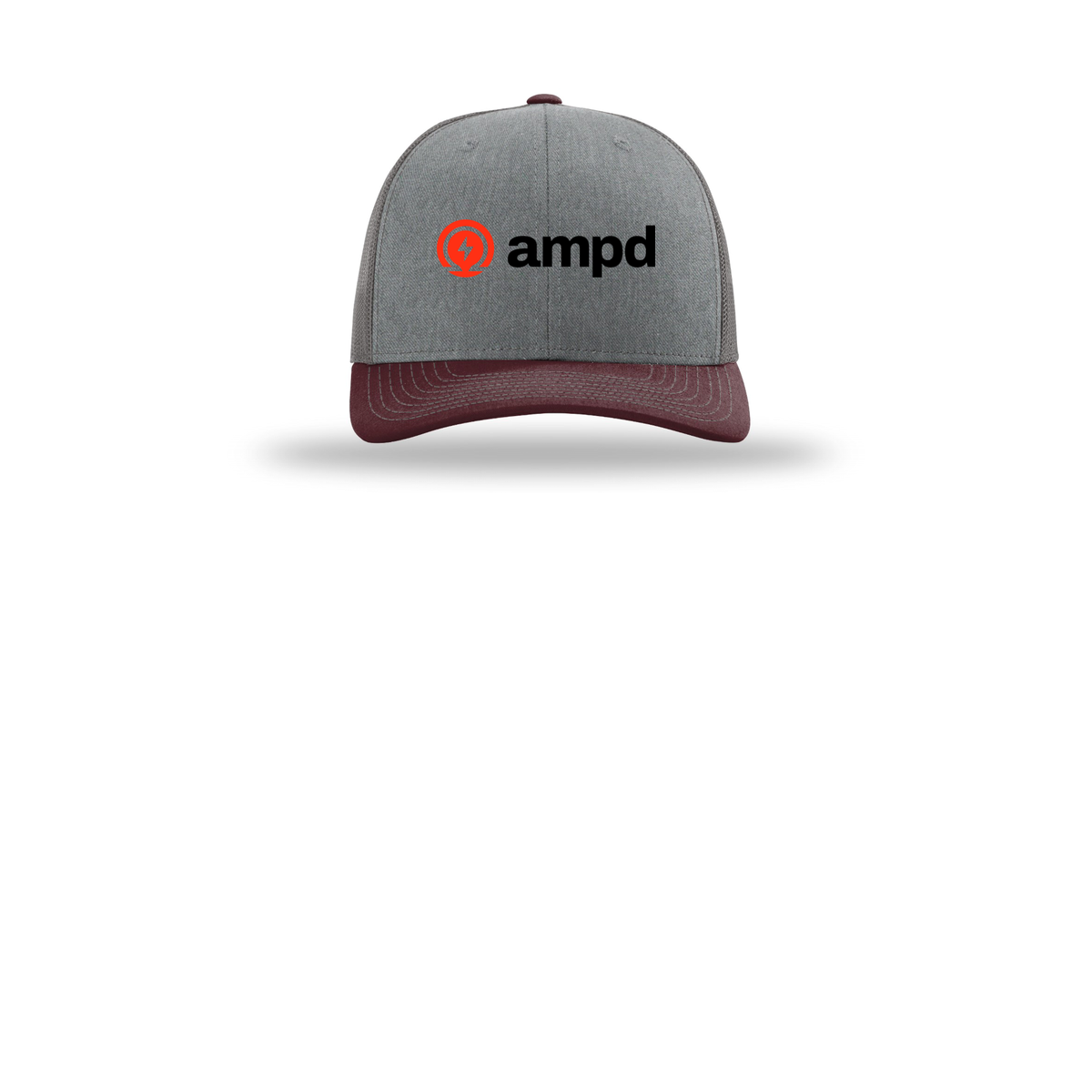 ampd-richardson-trucker-cap-embroidery-capfront-R112-heathergreycharcoalmaroon-flat-front