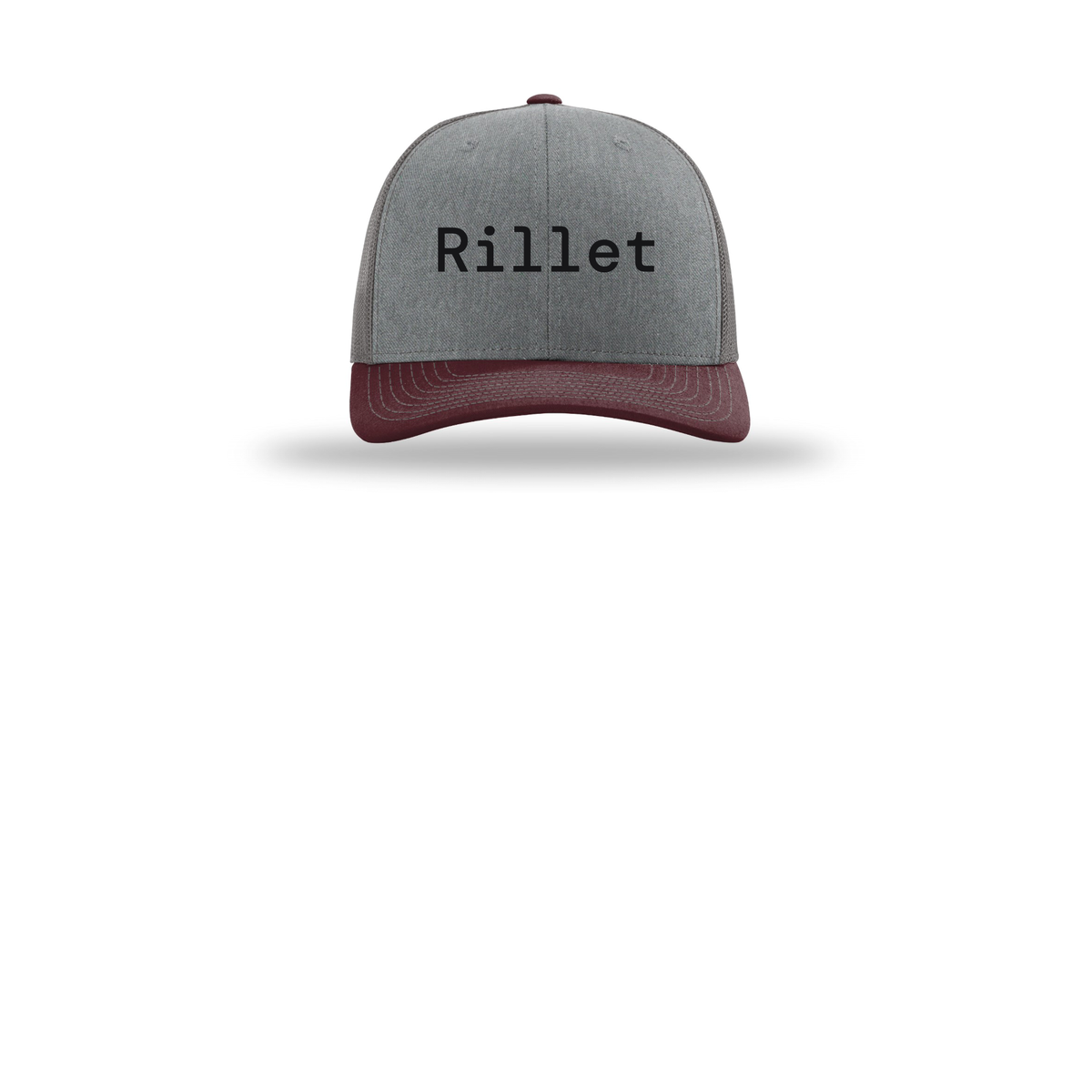 rillet-richardson-trucker-cap-embroidery-capfront-R112-heathergreycharcoalmaroon-flat-front