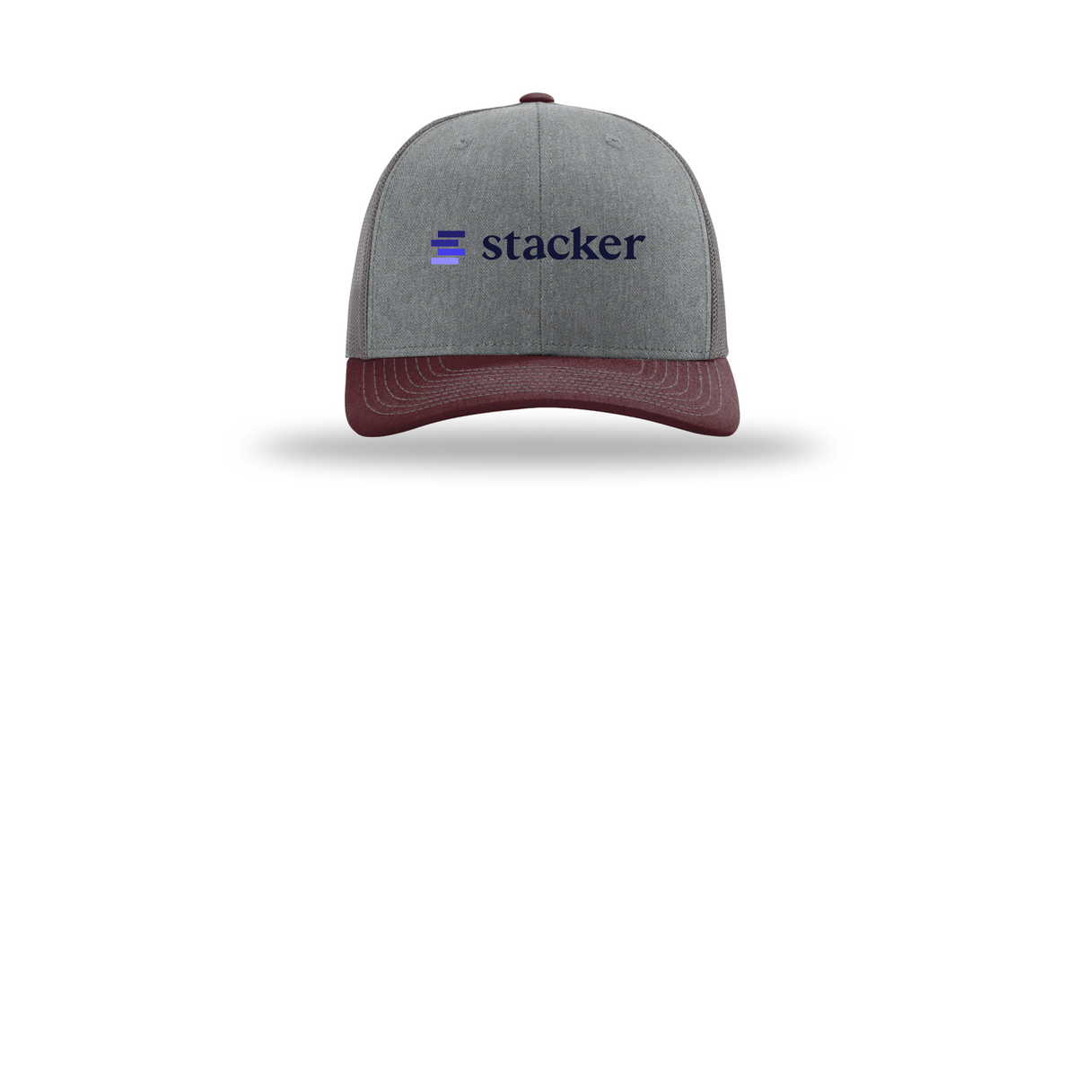 stacker-richardson-trucker-cap-embroidery-capfront-R112-heathergreycharcoalmaroon-flat-front