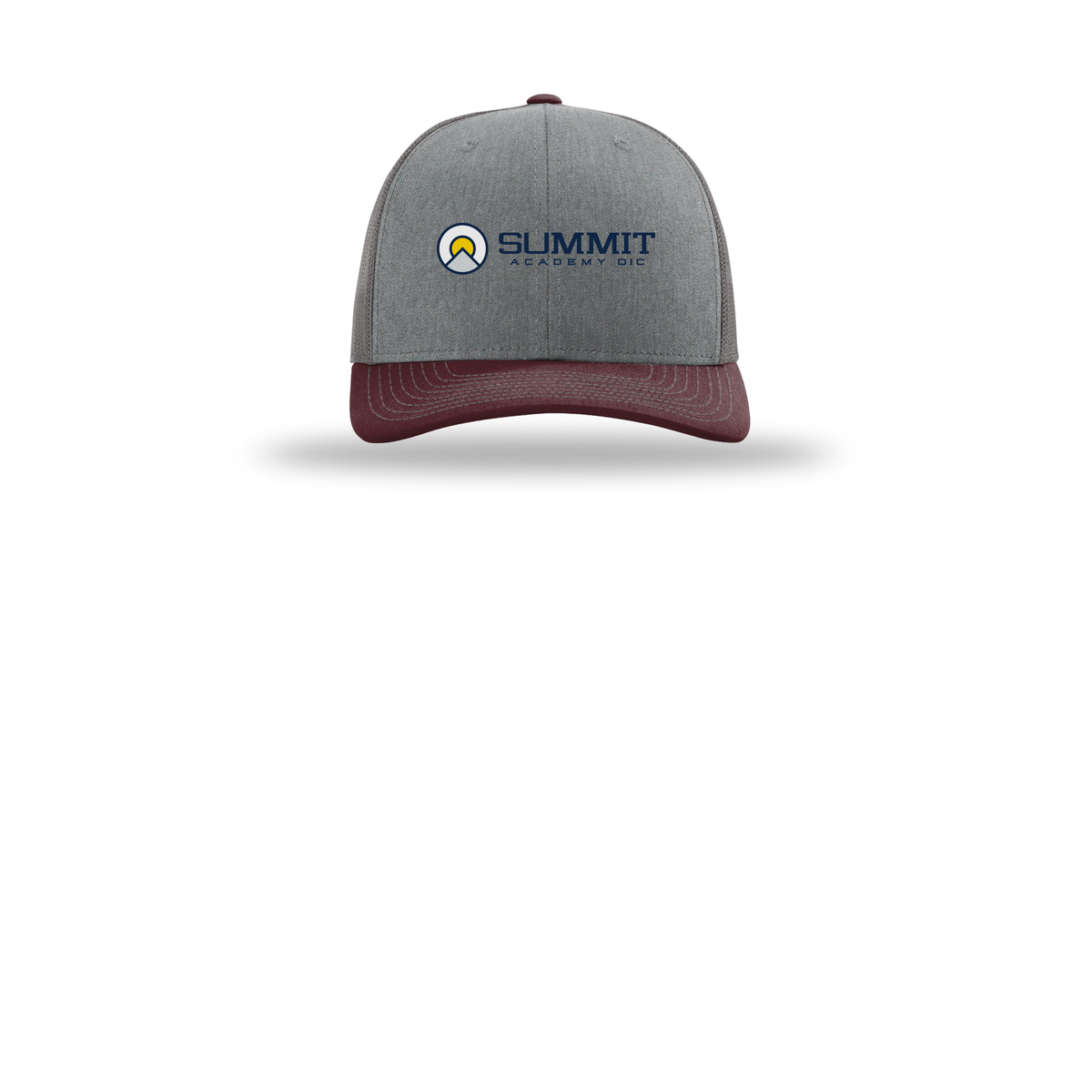 saoic-richardson-trucker-cap-embroidery-capfront-R112-heathergreycharcoalmaroon-flat-front