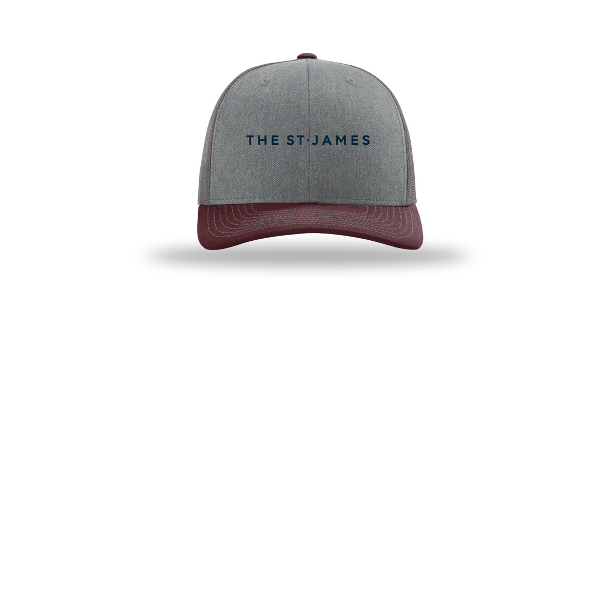 thestjames-richardson-trucker-cap-embroidery-capfront-R112-heathergreycharcoalmaroon-flat-front
