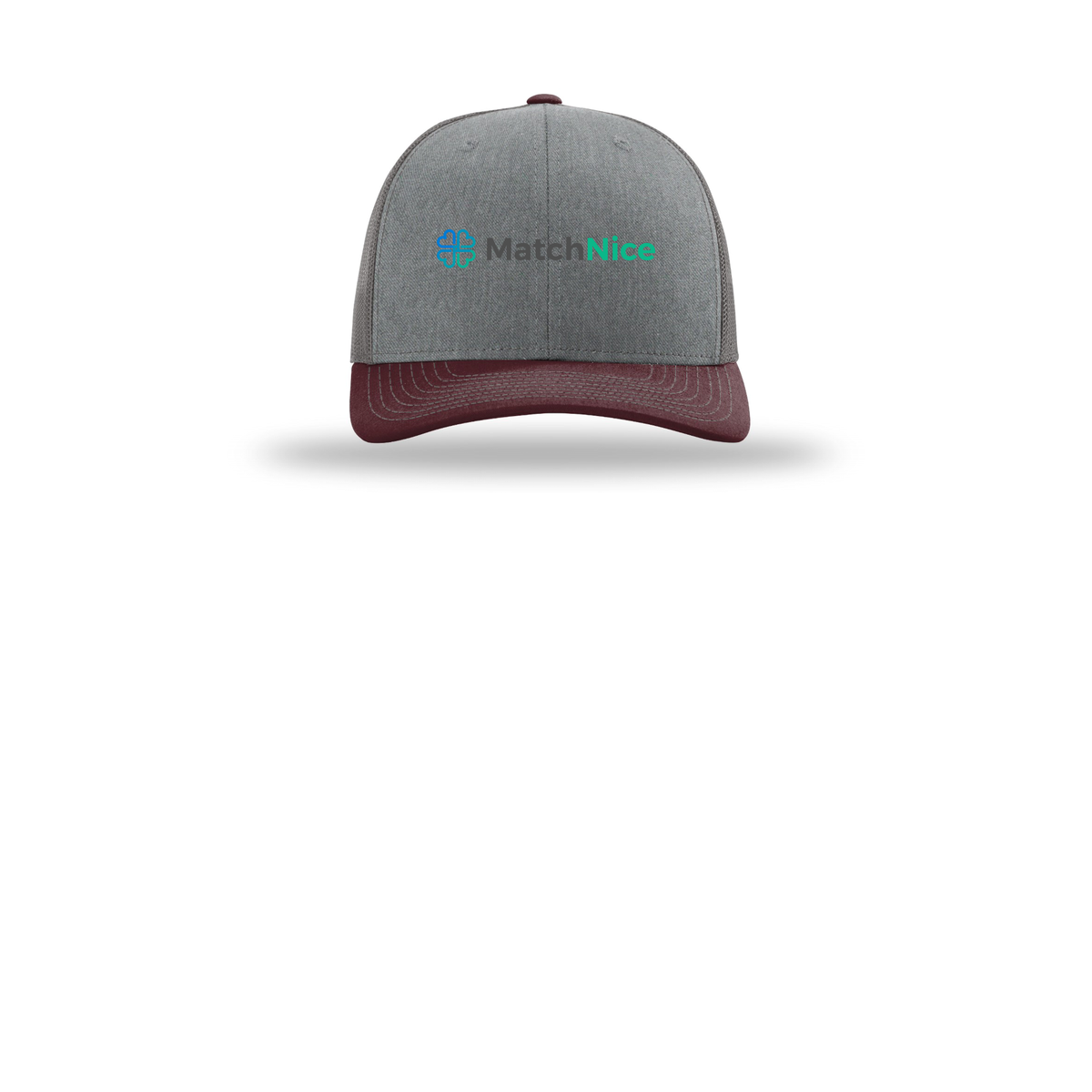 matchnice-richardson-trucker-cap-embroidery-capfront-R112-heathergreycharcoalmaroon-flat-front