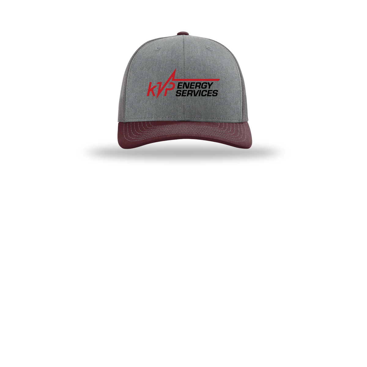kvpenergy-richardson-trucker-cap-embroidery-capfront-R112-heathergreycharcoalmaroon-flat-front