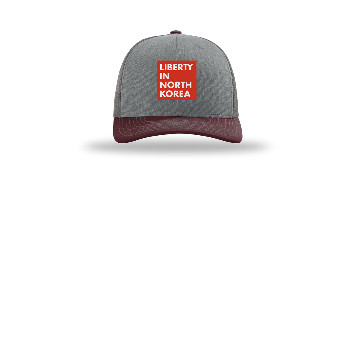 libertyinnorthkorea-richardson-trucker-cap-embroidery-capfront-R112-heathergreycharcoalmaroon-flat-front