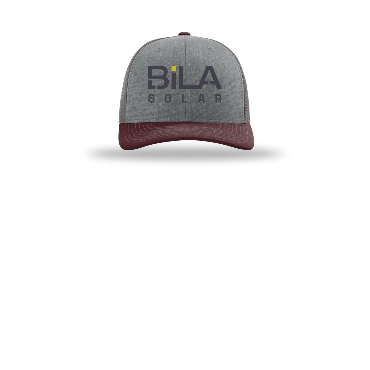bilasolar-richardson-trucker-cap-embroidery-capfront-R112-heathergreycharcoalmaroon-flat-front