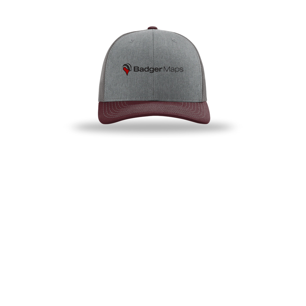 badgermapping-richardson-trucker-cap-embroidery-capfront-R112-heathergreycharcoalmaroon-flat-front