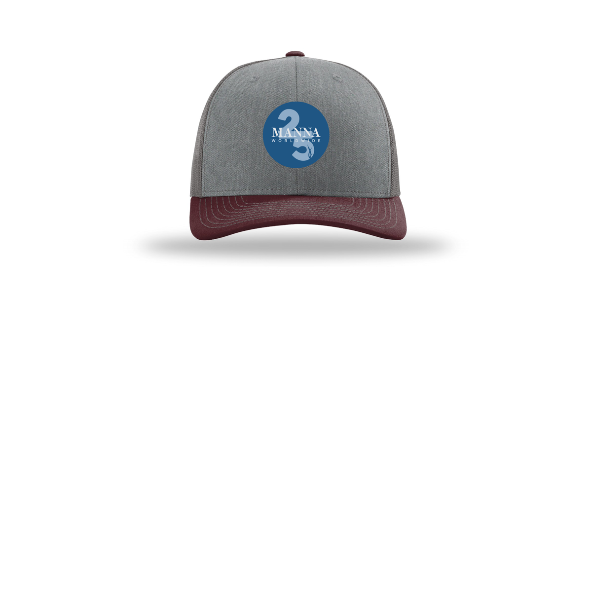 mannaworldwide-richardson-trucker-cap-embroidery-capfront-R112-heathergreycharcoalmaroon-flat-front