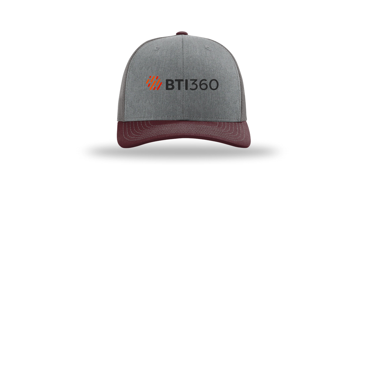 bti360-richardson-trucker-cap-embroidery-capfront-R112-heathergreycharcoalmaroon-flat-front