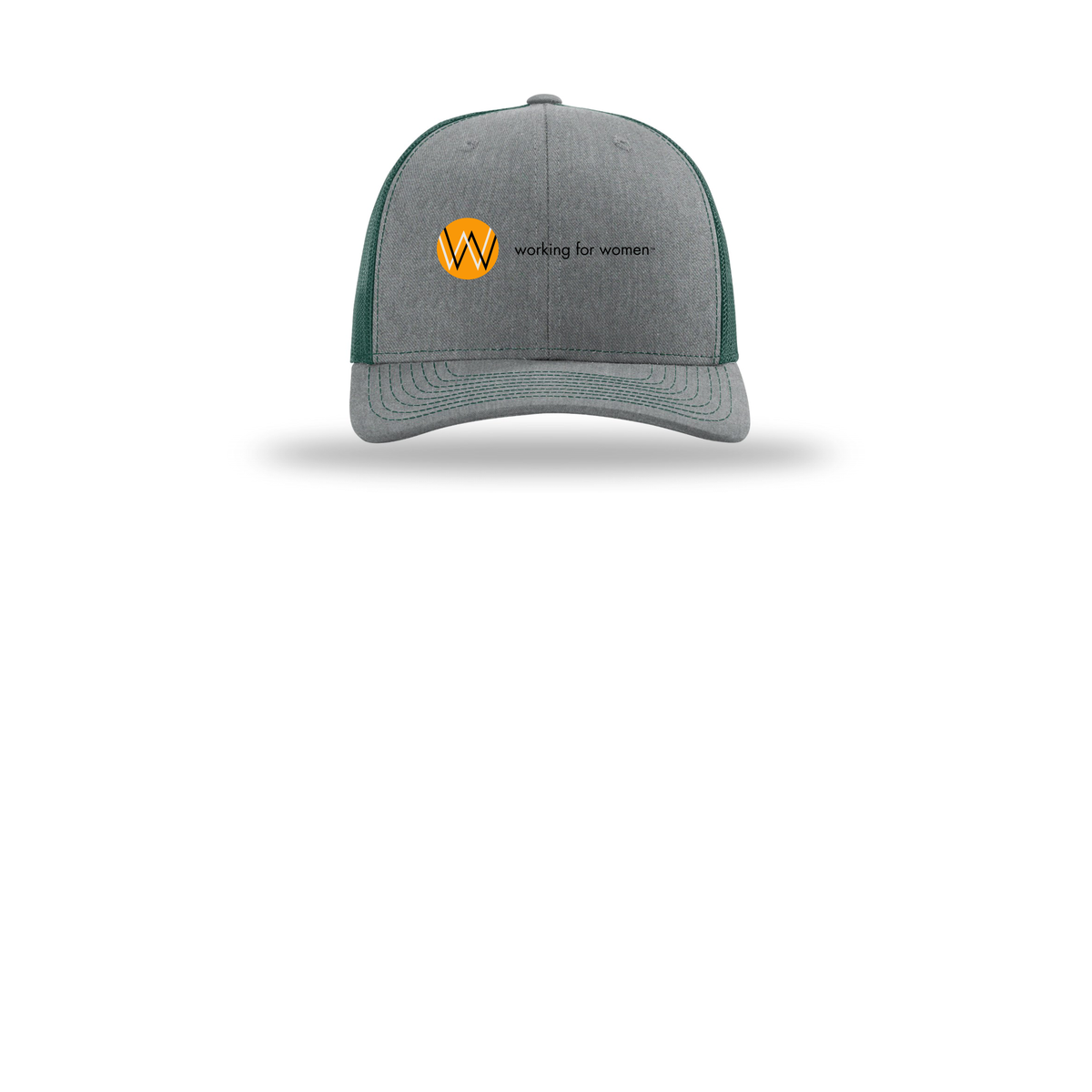 workingforwomen-richardson-trucker-cap-embroidery-capfront-R112-heathergreydarkgreen-flat-front