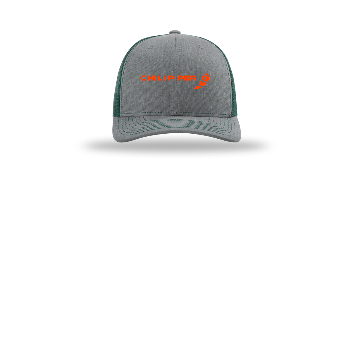 chilipiper-richardson-trucker-cap-embroidery-capfront-R112-heathergreydarkgreen-flat-front