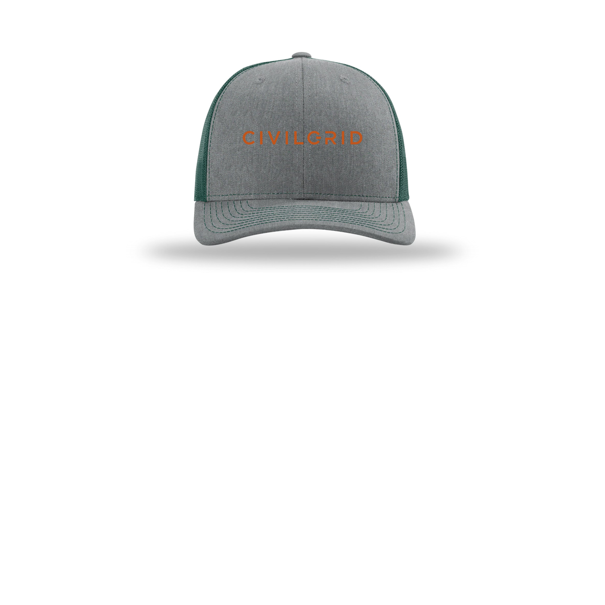 civilgrid-richardson-trucker-cap-embroidery-capfront-R112-heathergreydarkgreen-flat-front