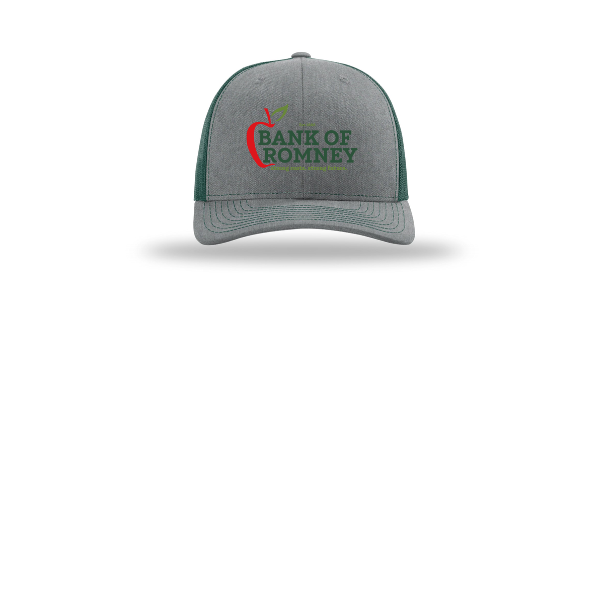bankofromney-richardson-trucker-cap-embroidery-capfront-R112-heathergreydarkgreen-flat-front