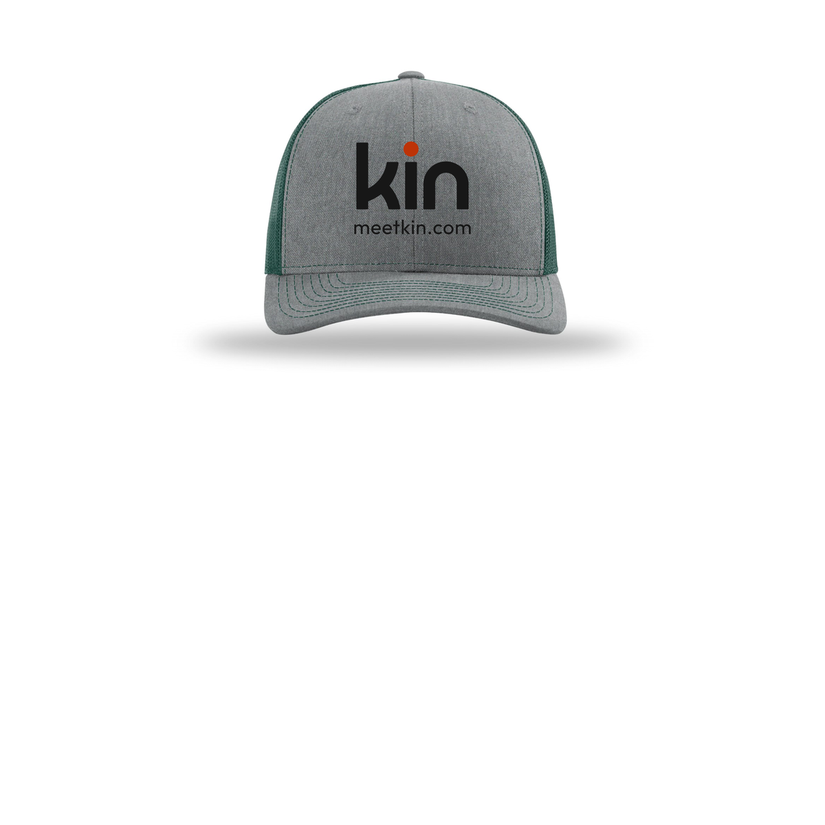 kin-richardson-trucker-cap-embroidery-capfront-R112-heathergreydarkgreen-flat-front