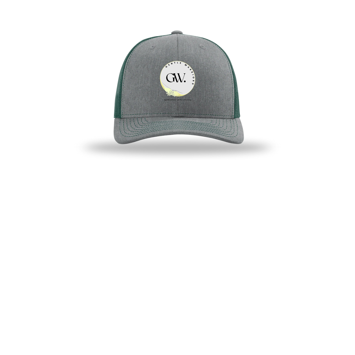 gentle-warriors-richardson-trucker-cap-embroidery-capfront-R112-heathergreydarkgreen-flat-front