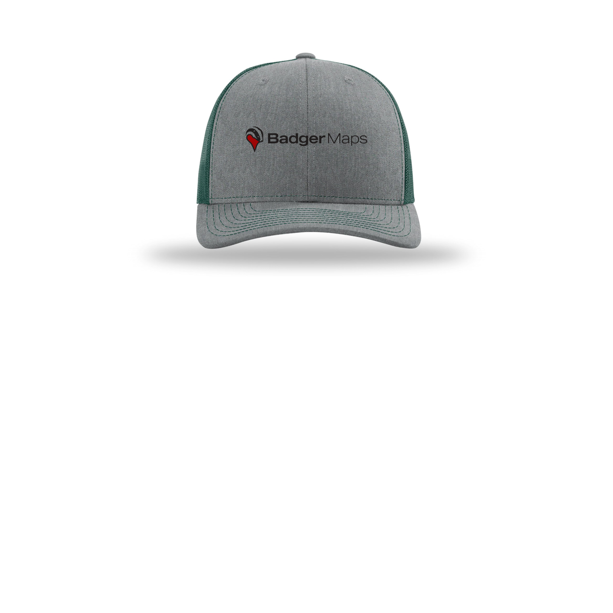 badgermapping-richardson-trucker-cap-embroidery-capfront-R112-heathergreydarkgreen-flat-front