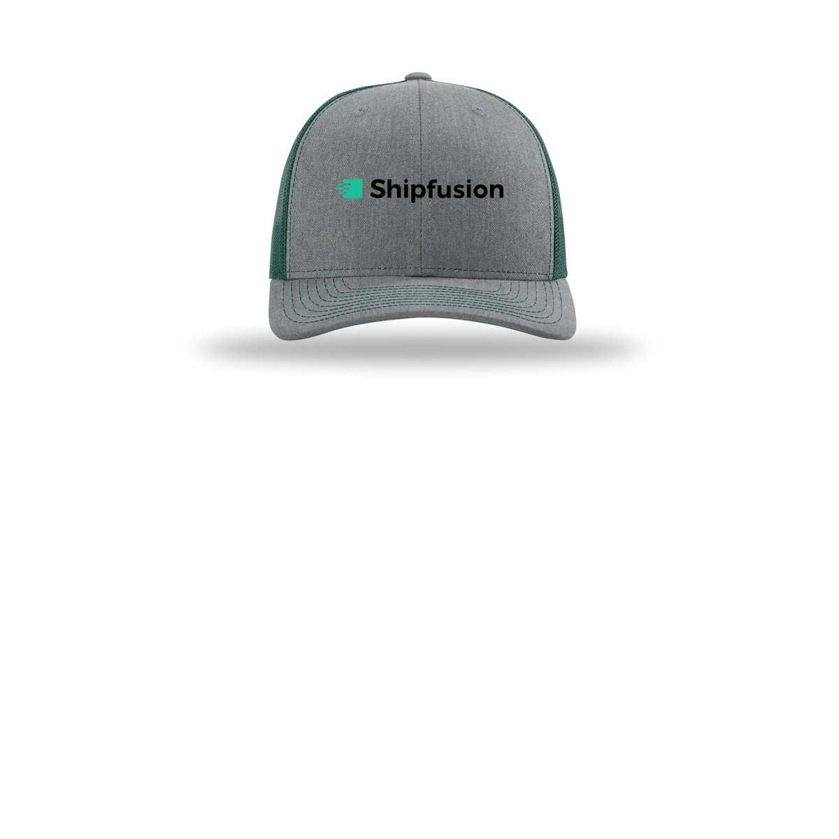 shipfusion-richardson-trucker-cap-embroidery-capfront-R112-heathergreydarkgreen-flat-front