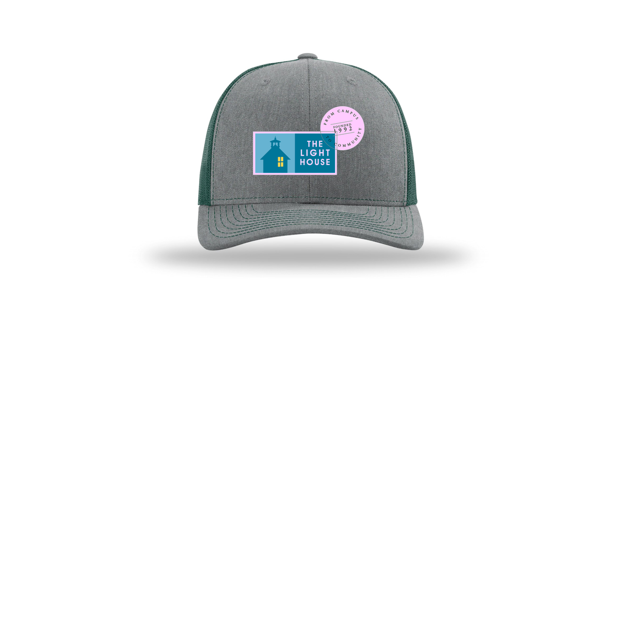 lhcampus-richardson-trucker-cap-embroidery-capfront-R112-heathergreydarkgreen-flat-front