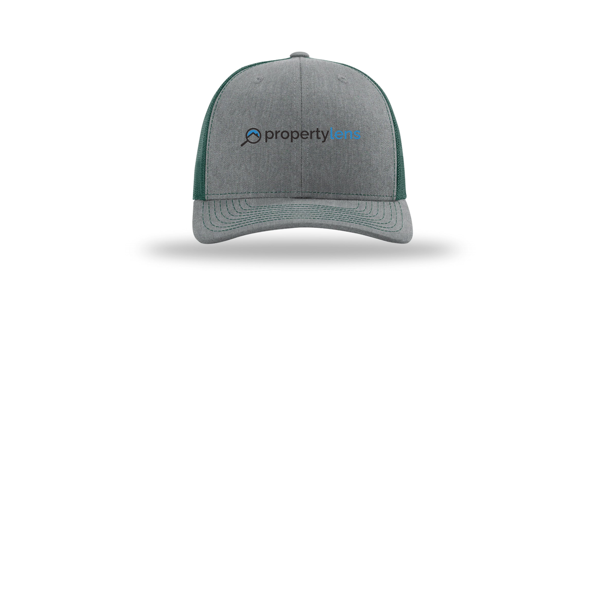 propertylens-richardson-trucker-cap-embroidery-capfront-R112-heathergreydarkgreen-flat-front