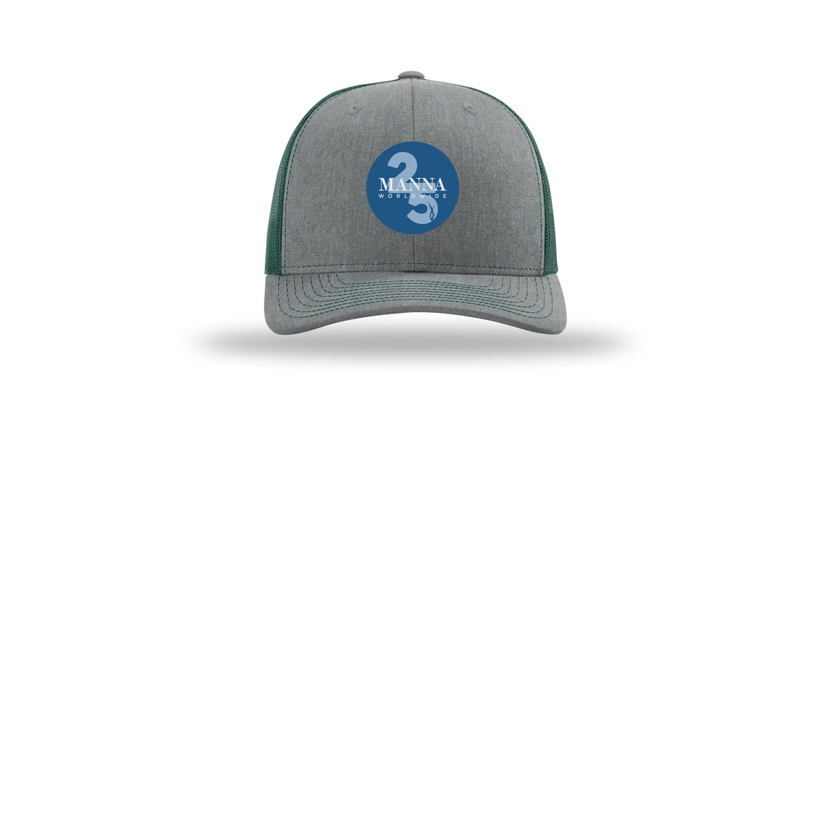 mannaworldwide-richardson-trucker-cap-embroidery-capfront-R112-heathergreydarkgreen-flat-front