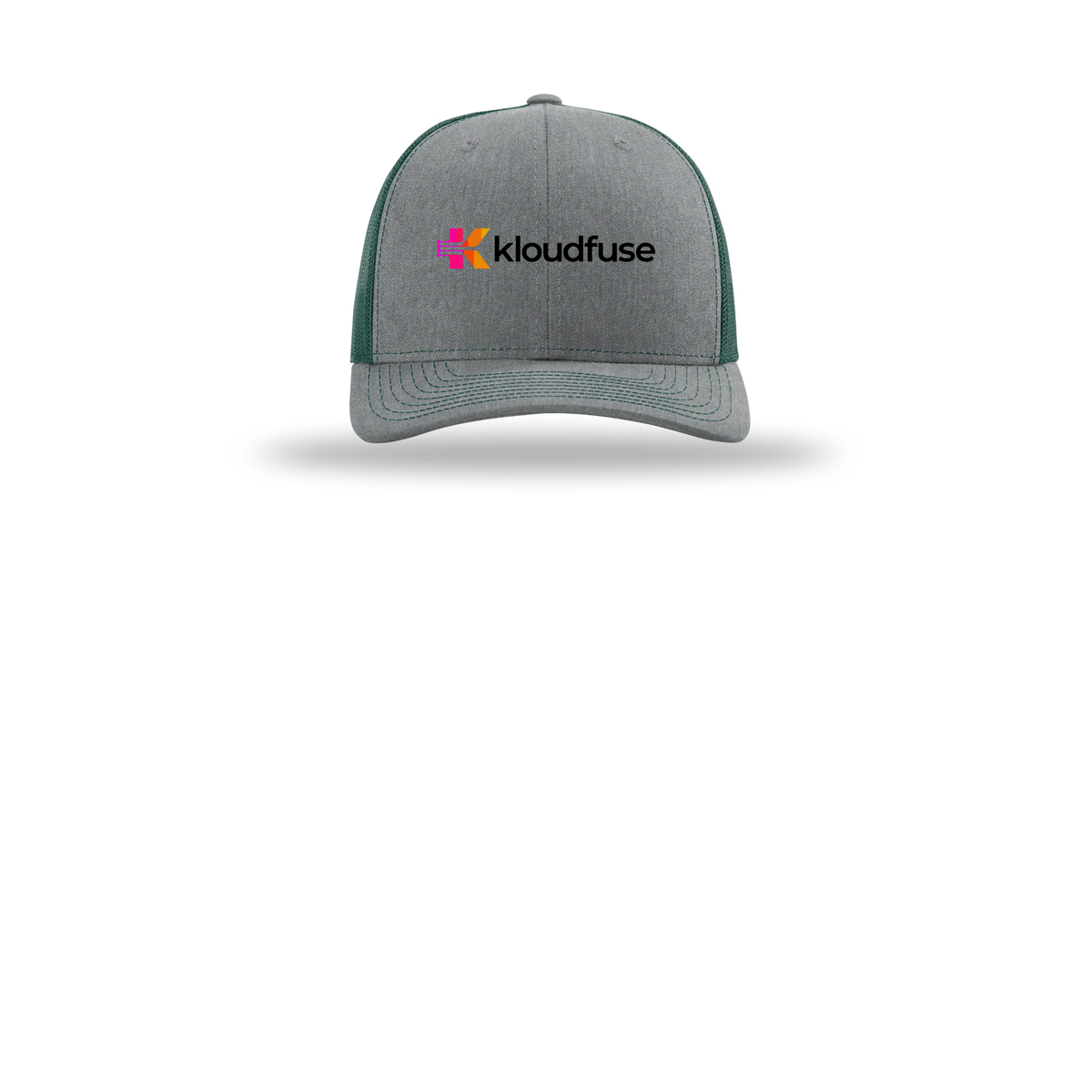 kloudfuse-richardson-trucker-cap-embroidery-capfront-R112-heathergreydarkgreen-flat-front