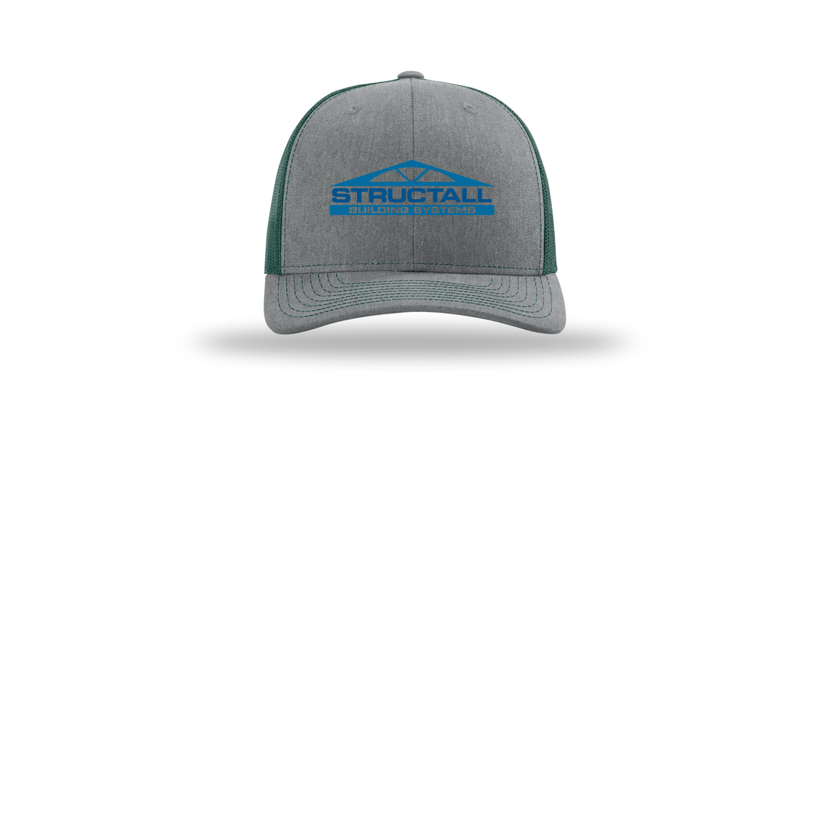 structall-richardson-trucker-cap-embroidery-capfront-R112-heathergreydarkgreen-flat-front