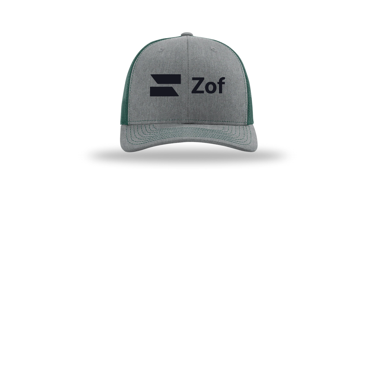 zof-richardson-trucker-cap-embroidery-capfront-R112-heathergreydarkgreen-flat-front