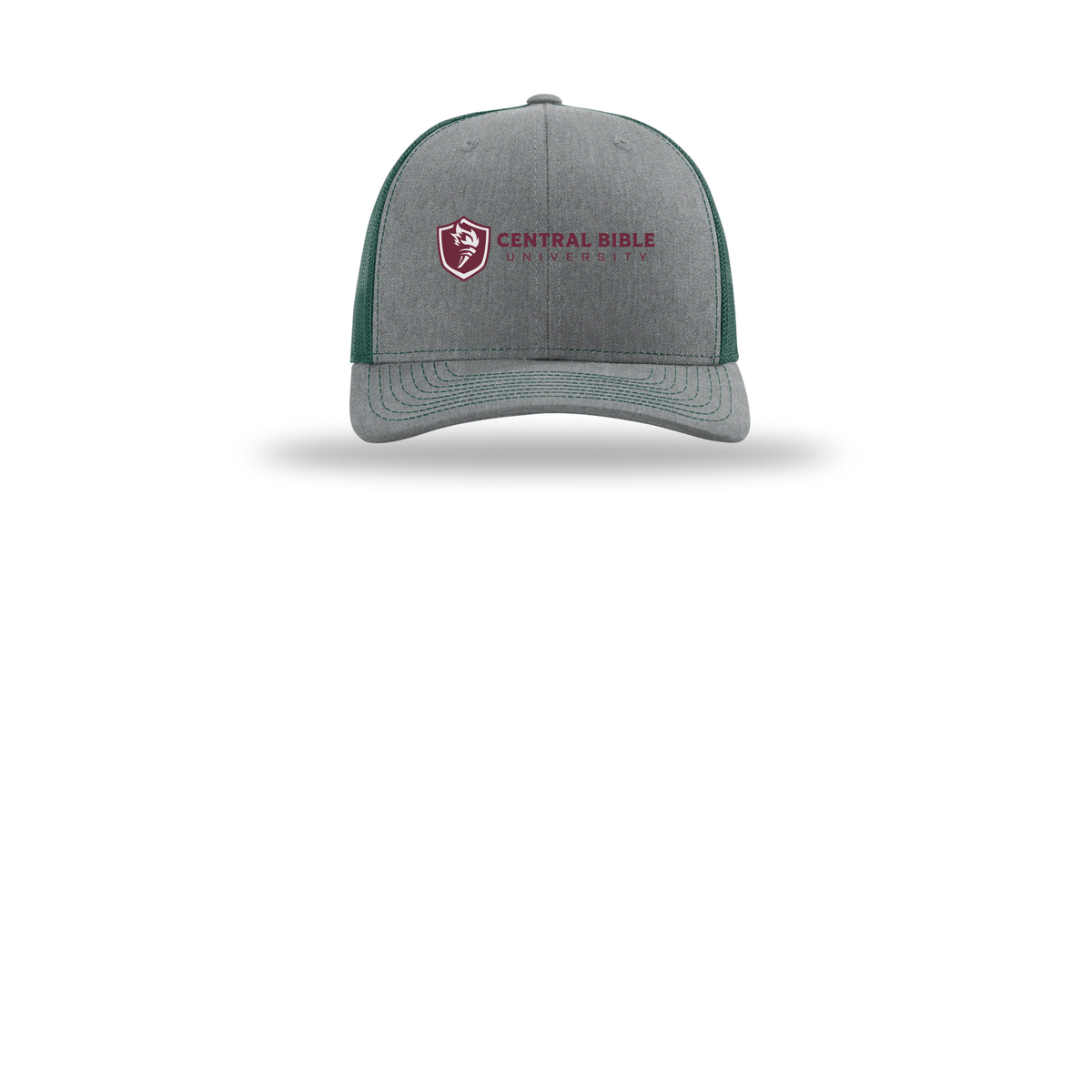centralbible-richardson-trucker-cap-embroidery-capfront-R112-heathergreydarkgreen-flat-front