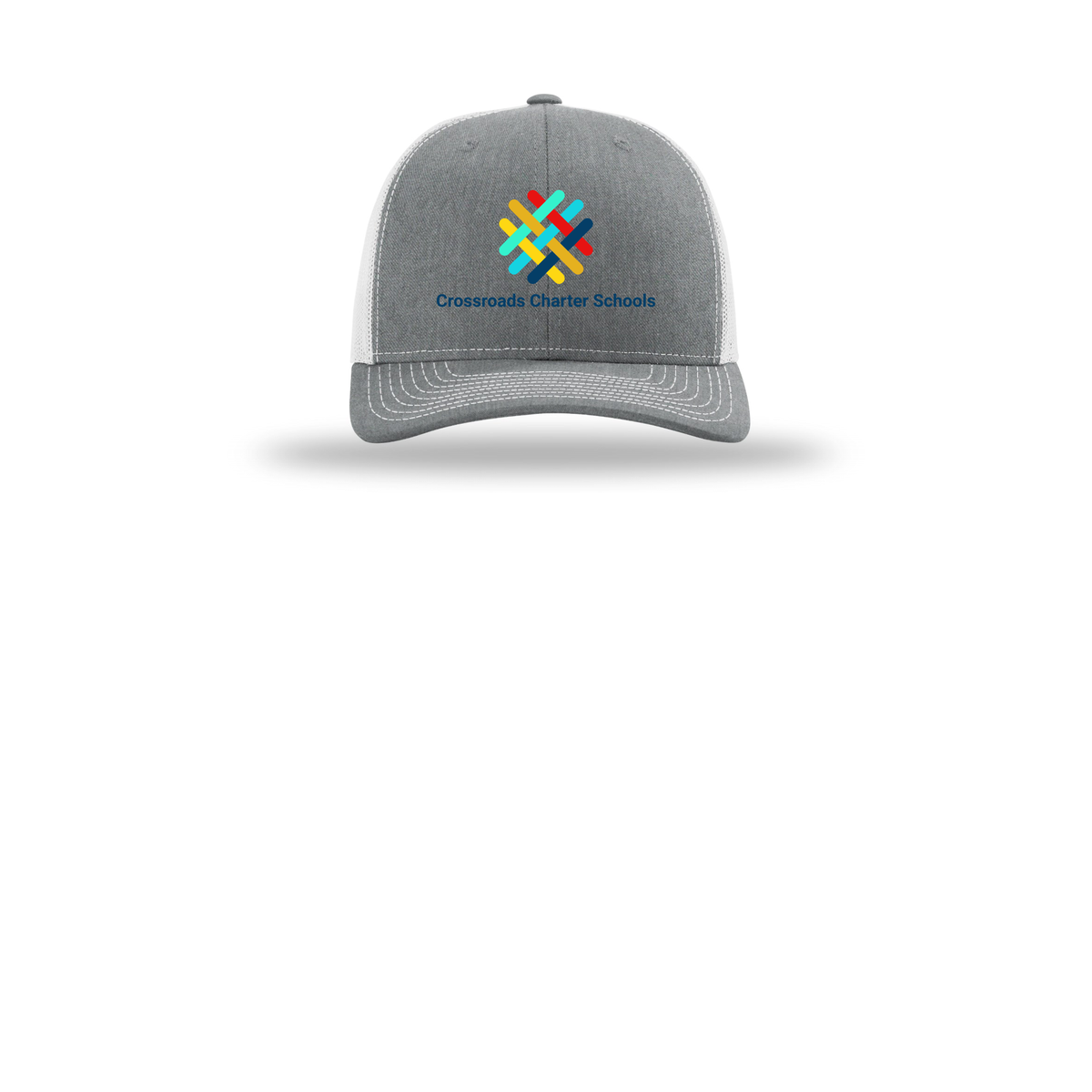 crossroadsschoolskc-richardson-trucker-cap-embroidery-capfront-R112-heathergreylightgrey-flat-front