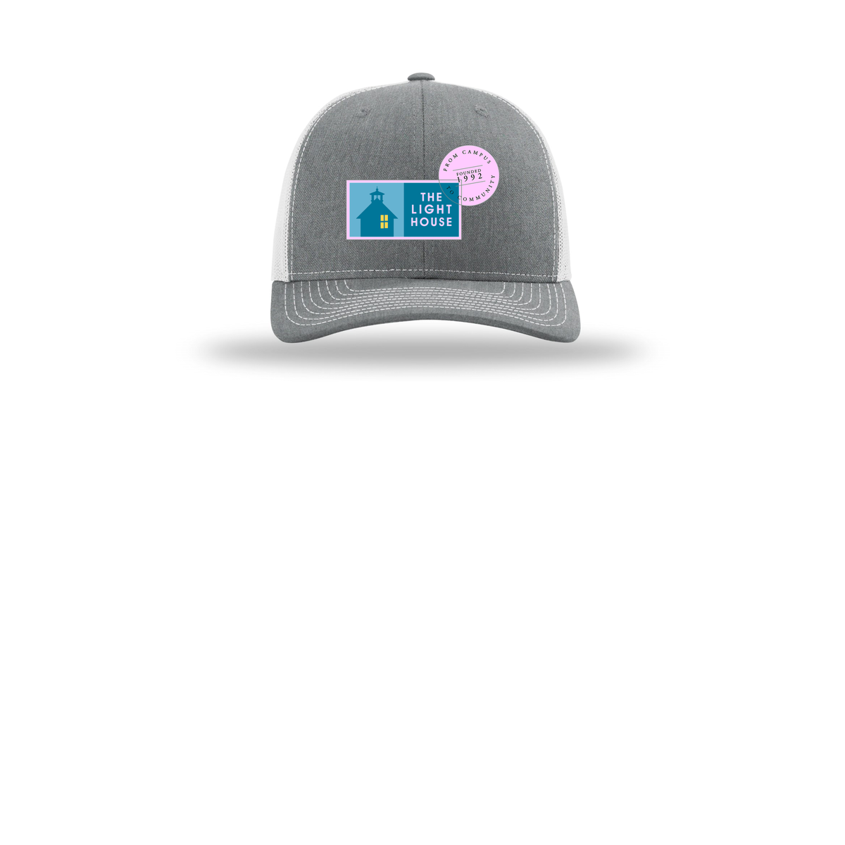 lhcampus-richardson-trucker-cap-embroidery-capfront-R112-heathergreylightgrey-flat-front