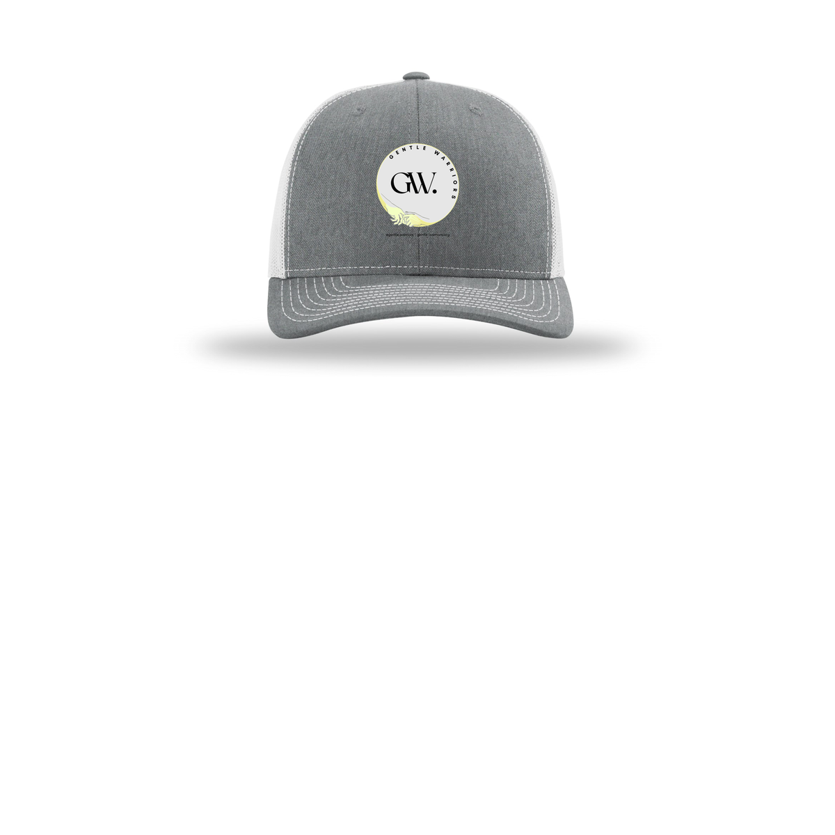 gentle-warriors-richardson-trucker-cap-embroidery-capfront-R112-heathergreylightgrey-flat-front
