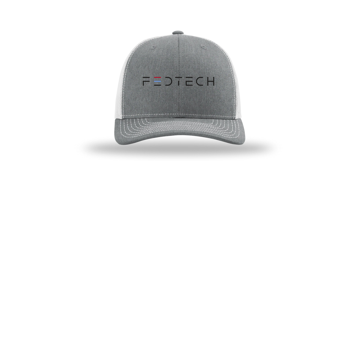 fedtech-richardson-trucker-cap-embroidery-capfront-R112-heathergreylightgrey-flat-front