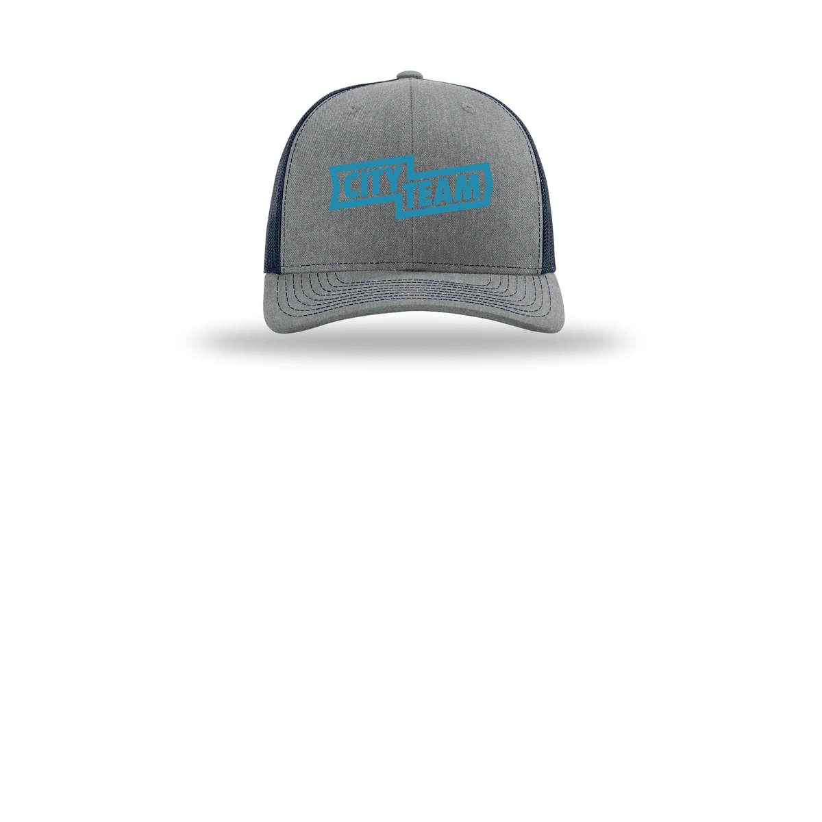 cityteam-richardson-trucker-cap-embroidery-capfront-R112-heathergreynavy-flat-front
