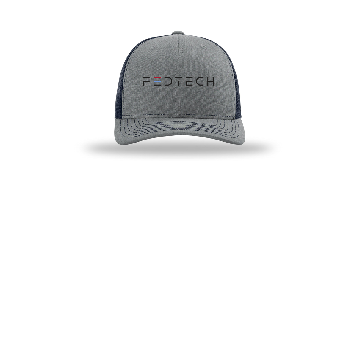 fedtech-richardson-trucker-cap-embroidery-capfront-R112-heathergreynavy-flat-front