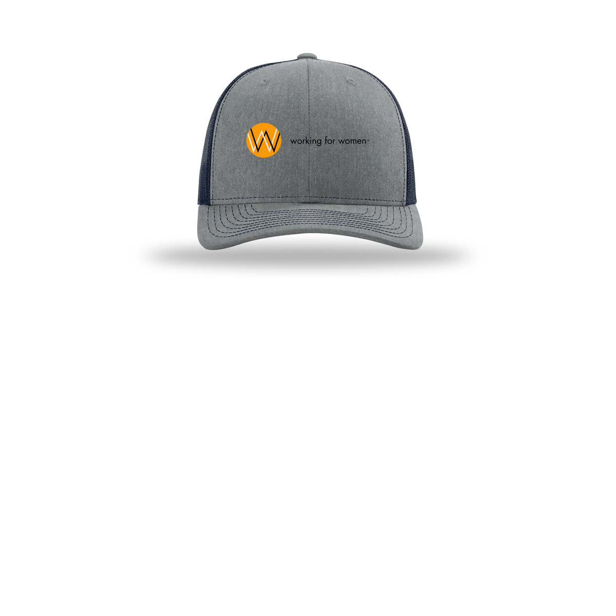 workingforwomen-richardson-trucker-cap-embroidery-capfront-R112-heathergreynavy-flat-front