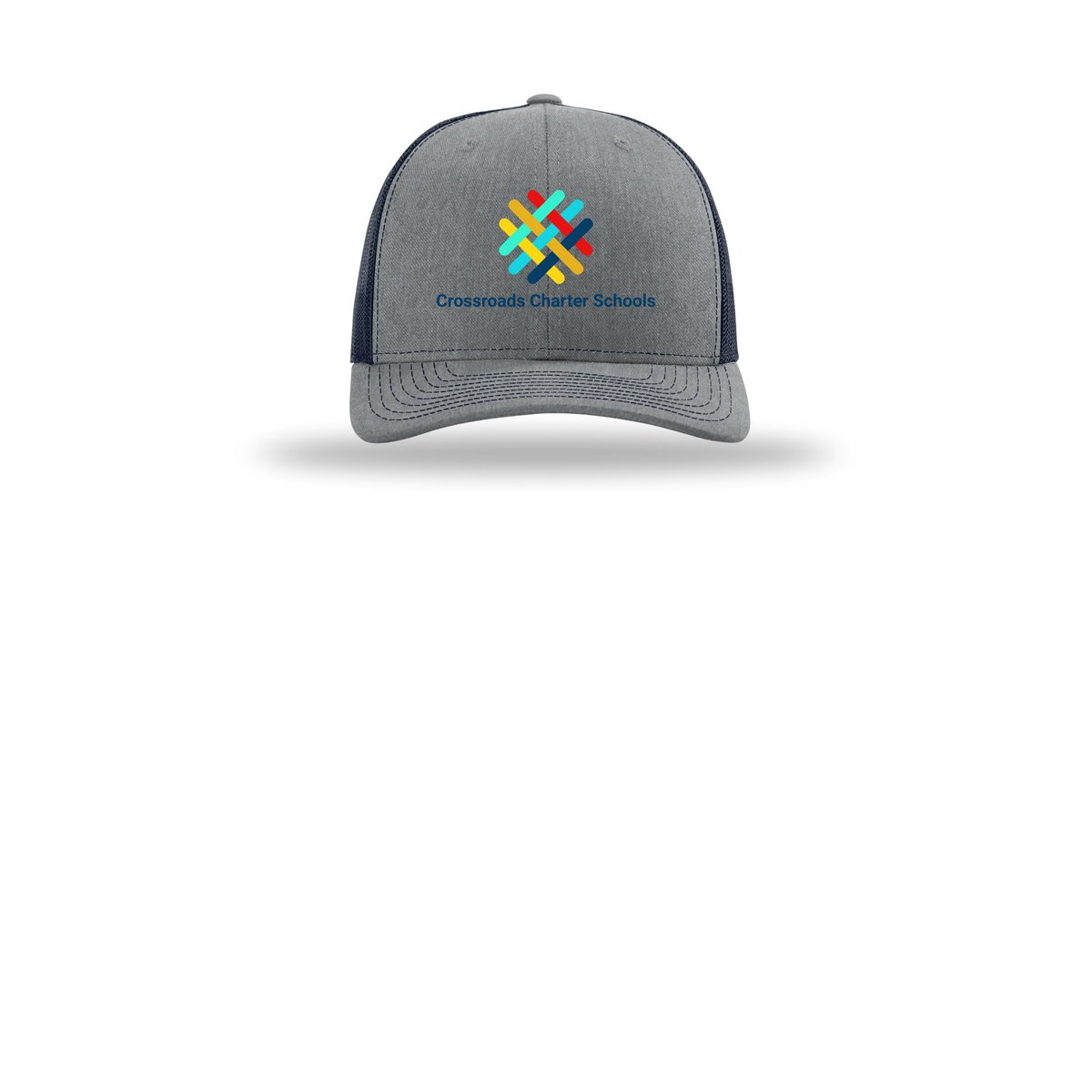 crossroadsschoolskc-richardson-trucker-cap-embroidery-capfront-R112-heathergreynavy-flat-front