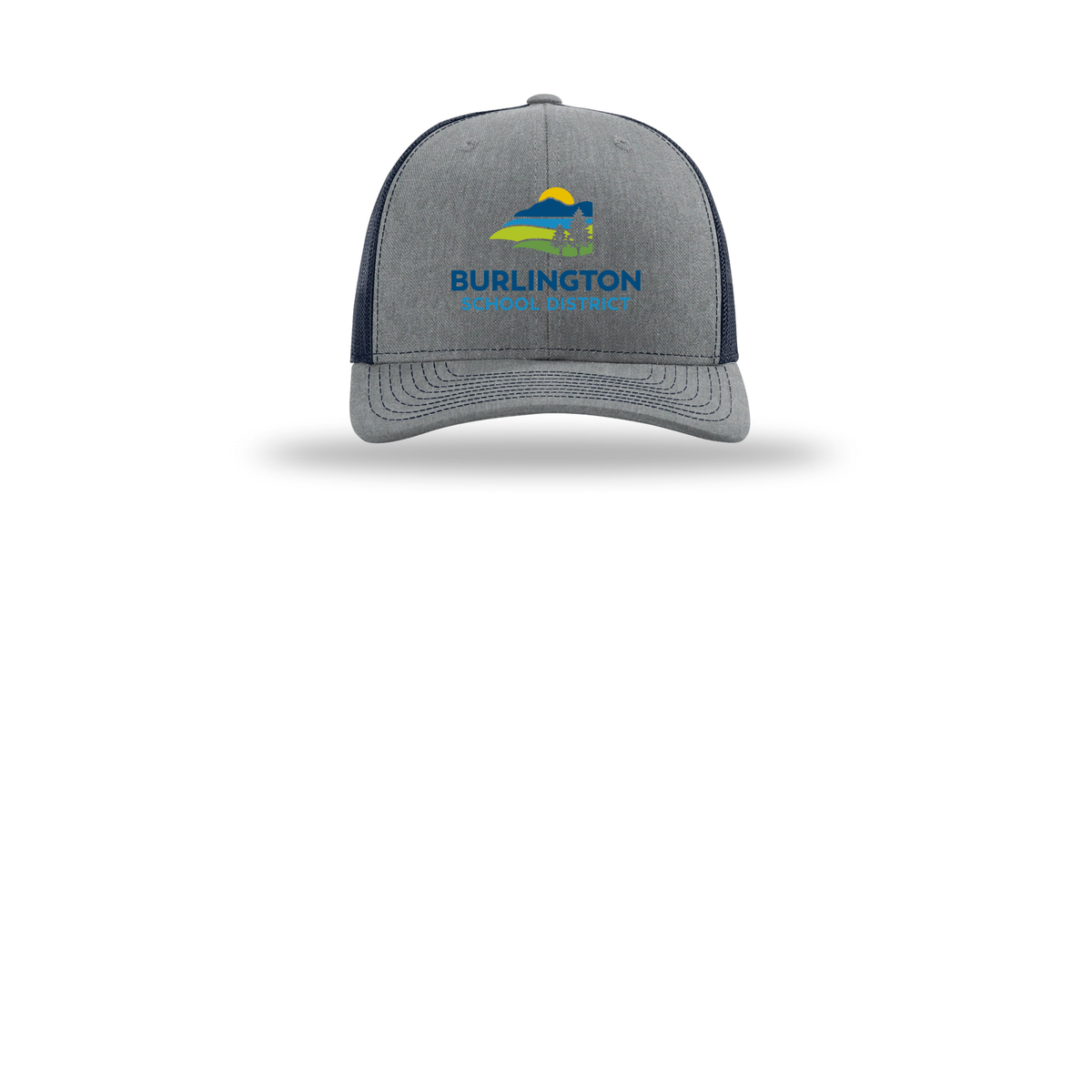 bsdvt-richardson-trucker-cap-embroidery-capfront-R112-heathergreynavy-flat-front