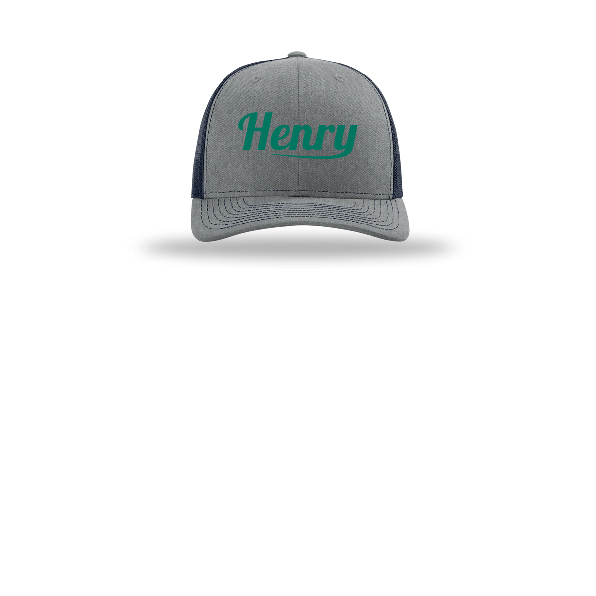 henrymeds-richardson-trucker-cap-embroidery-capfront-R112-heathergreynavy-flat-front