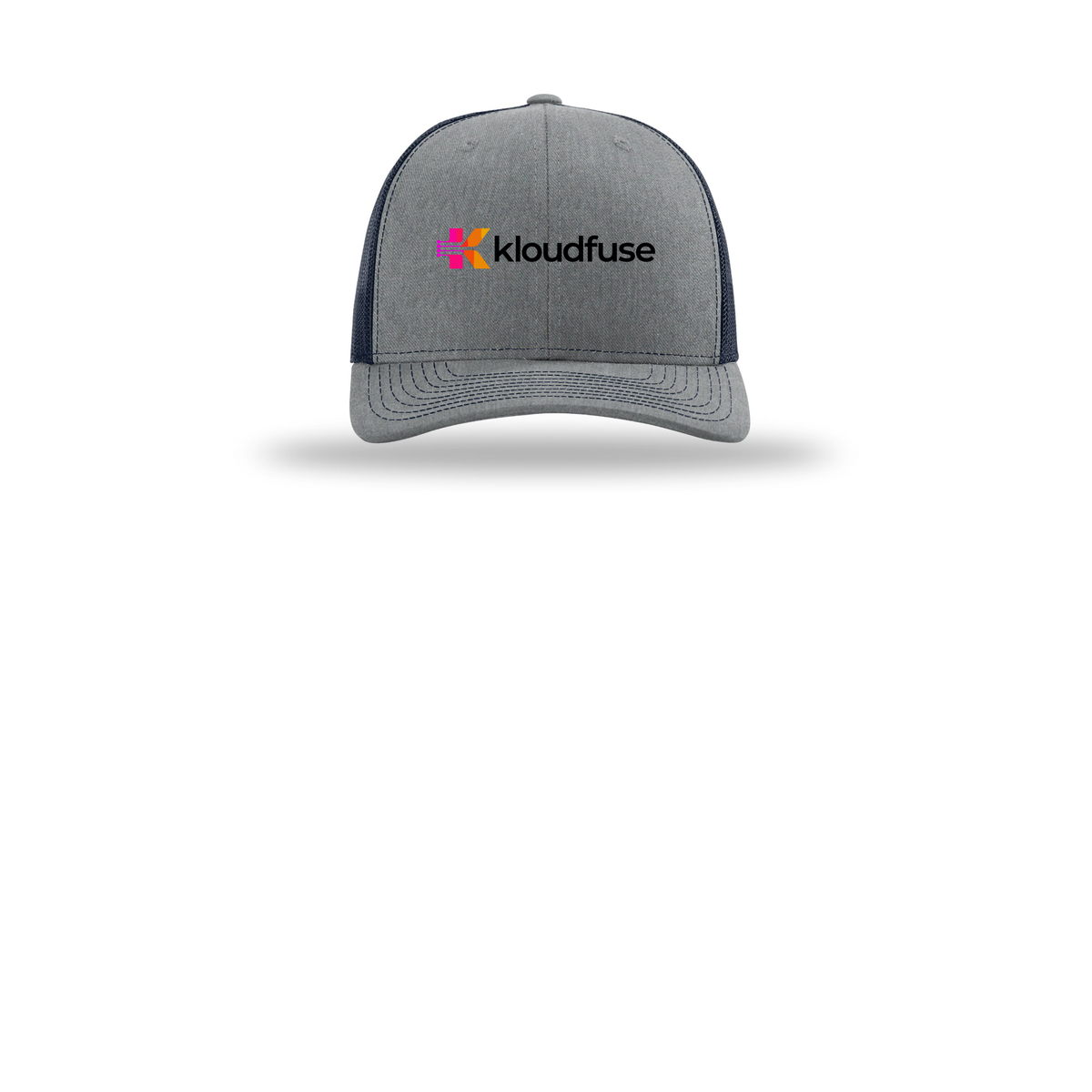 kloudfuse-richardson-trucker-cap-embroidery-capfront-R112-heathergreynavy-flat-front
