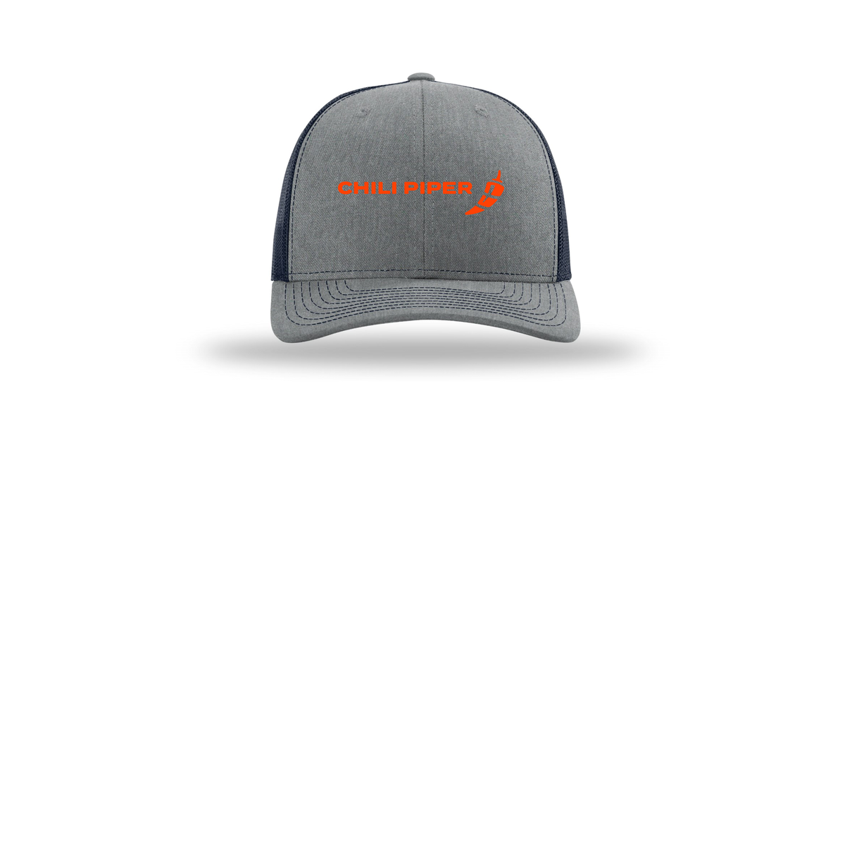 chilipiper-richardson-trucker-cap-embroidery-capfront-R112-heathergreynavy-flat-front