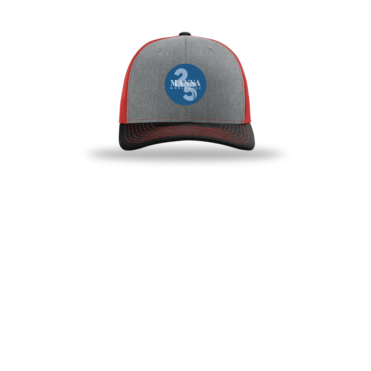 mannaworldwide-richardson-trucker-cap-embroidery-capfront-R112-heathergreyredblack-flat-front