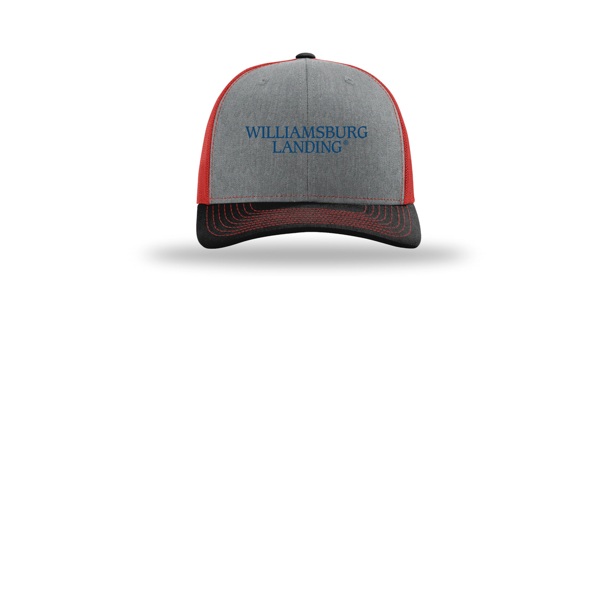 williamsburglanding-richardson-trucker-cap-embroidery-capfront-R112-heathergreyredblack-flat-front